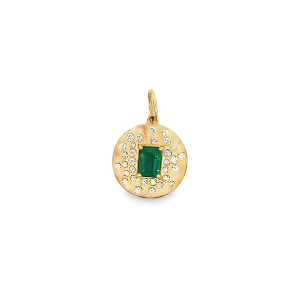 Emerald Gemstone and Diamond Accent Disc Charm with Satin Finish (Chain Not Included)