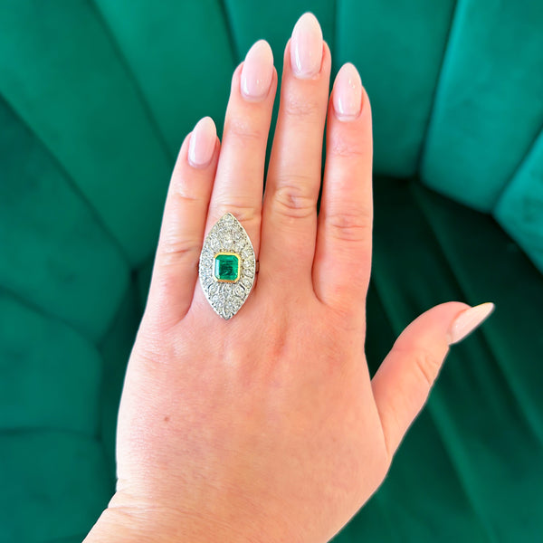 Previously Loved Emerald Gemstone Center Marquise Diamond Navette Dinner Ring