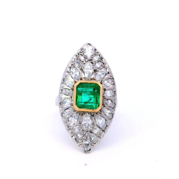 Previously Loved Emerald Gemstone Center Marquise Diamond Navette Dinner Ring
