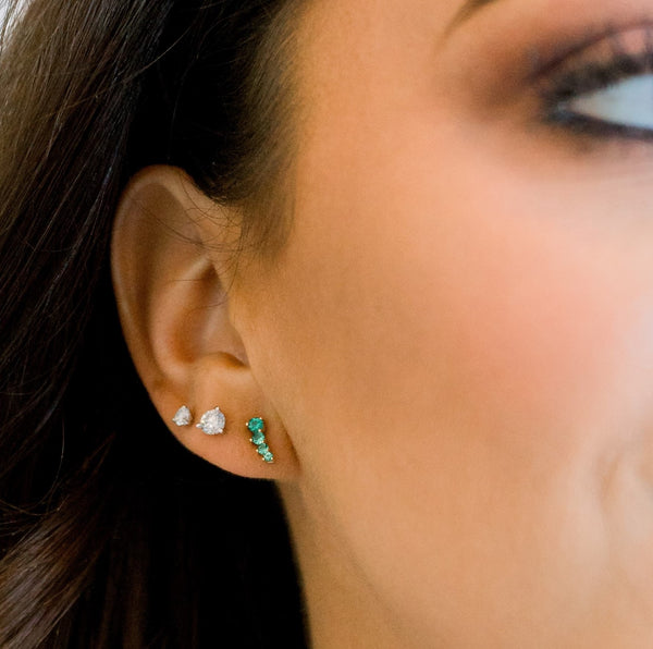 Petite Graduated Emerald Gemstone Climber Stud Earrings (Pair)