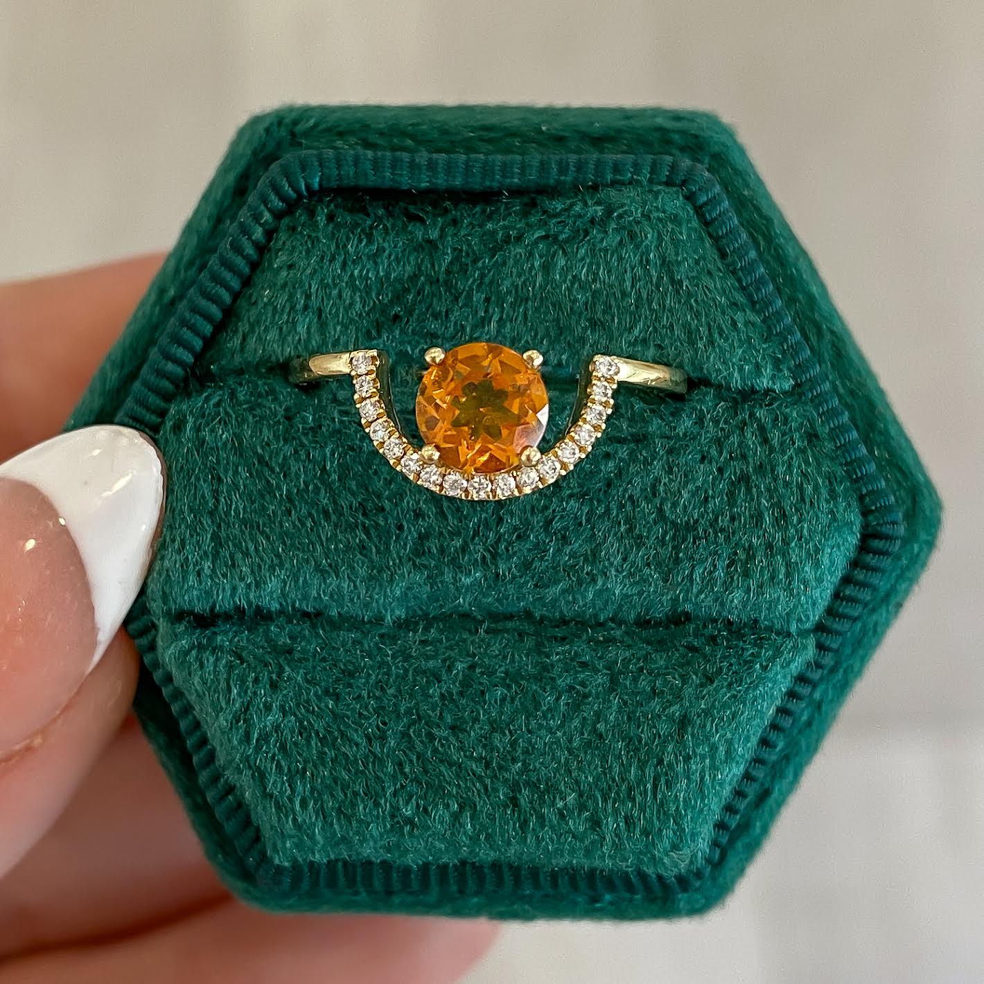 18K Yellow Gold Citrine w/ Offset Center & Curved Diamond Band