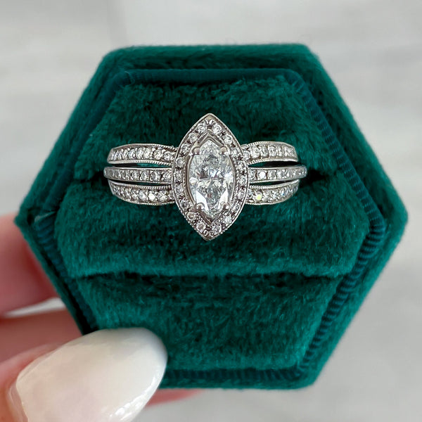 Previously Loved Marquise Diamond Halo Engagement Ring and Wedding Bands