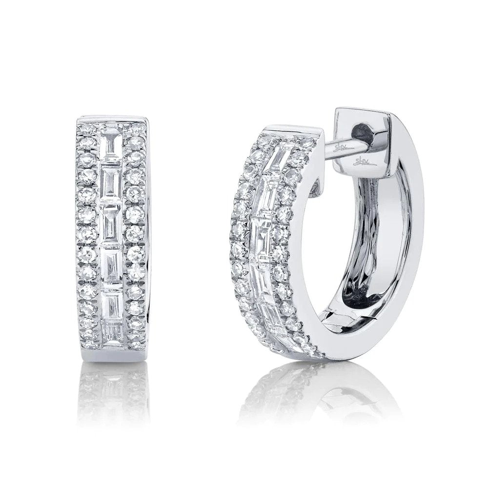 Baguette Diamond Halo Huggie Hoop Earrings