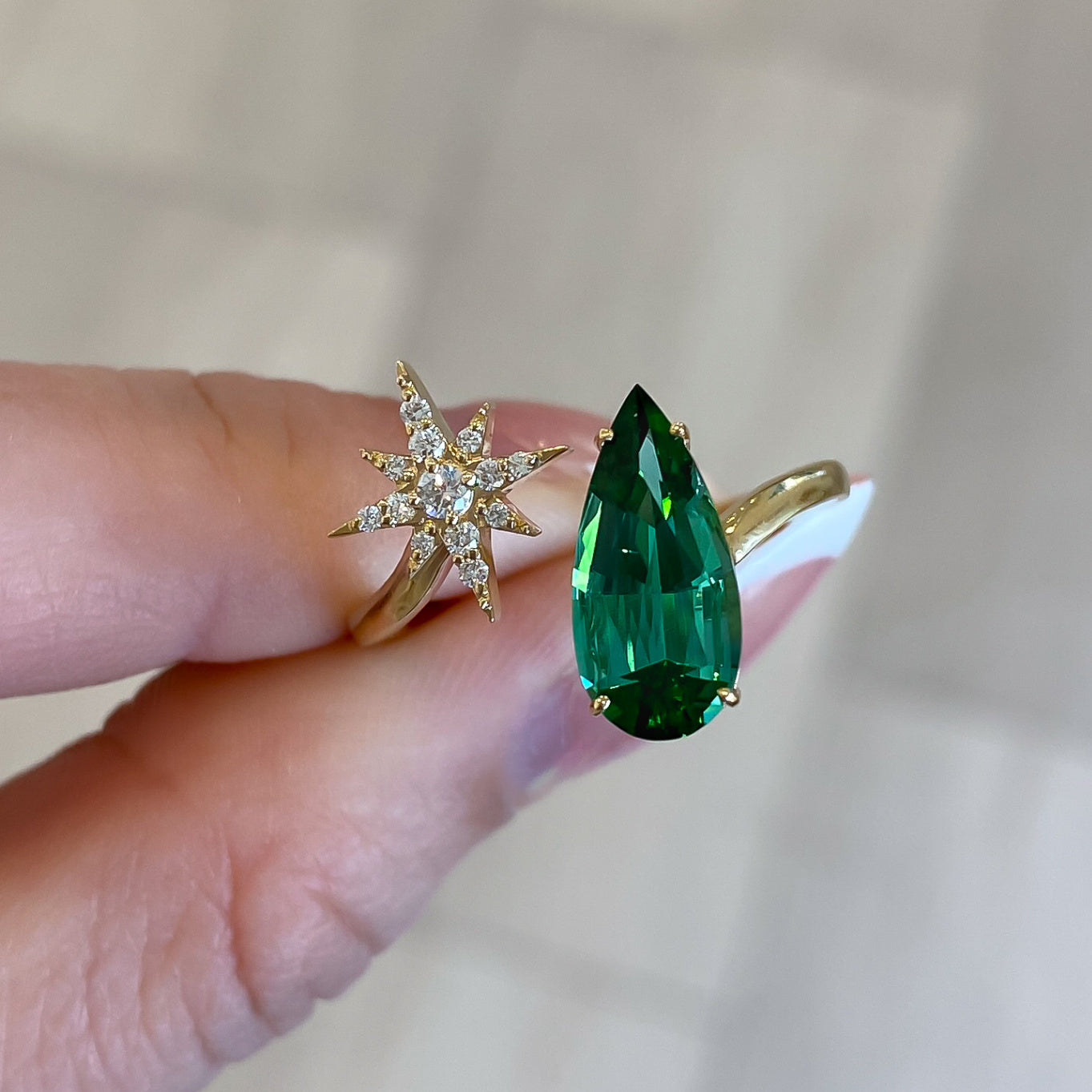 Pear Shape Green Tourmaline Bypass Starburst Ring