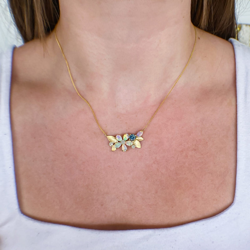 Australian Opal, Montana Sapphire & Diamond Flower Necklace