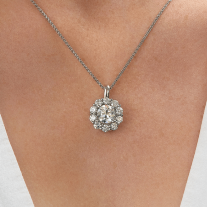 Lab Grown Old European Cut Diamond Scalloped Halo Necklace