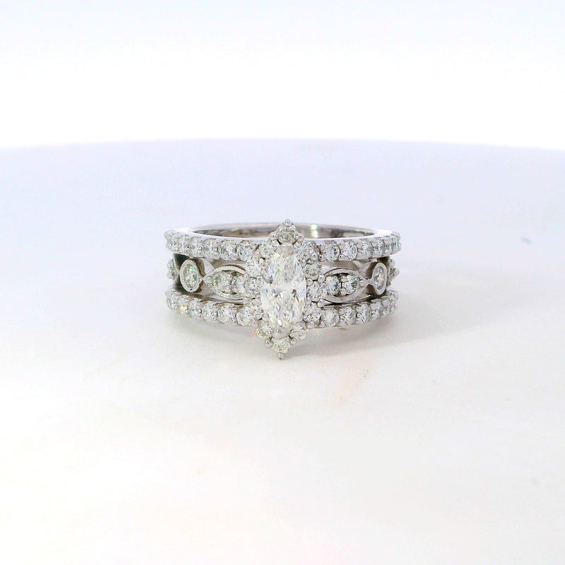 Previously Loved Marquise Diamond Halo Engagement Ring with Bands, Soldered Three Piece Wedding Set