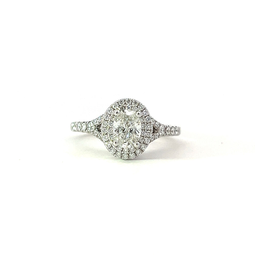 
                  
                    Previously Loved Oval Diamond Engagement Ring with Double Diamond Halo and Split Band (Sold As Is)
                  
                