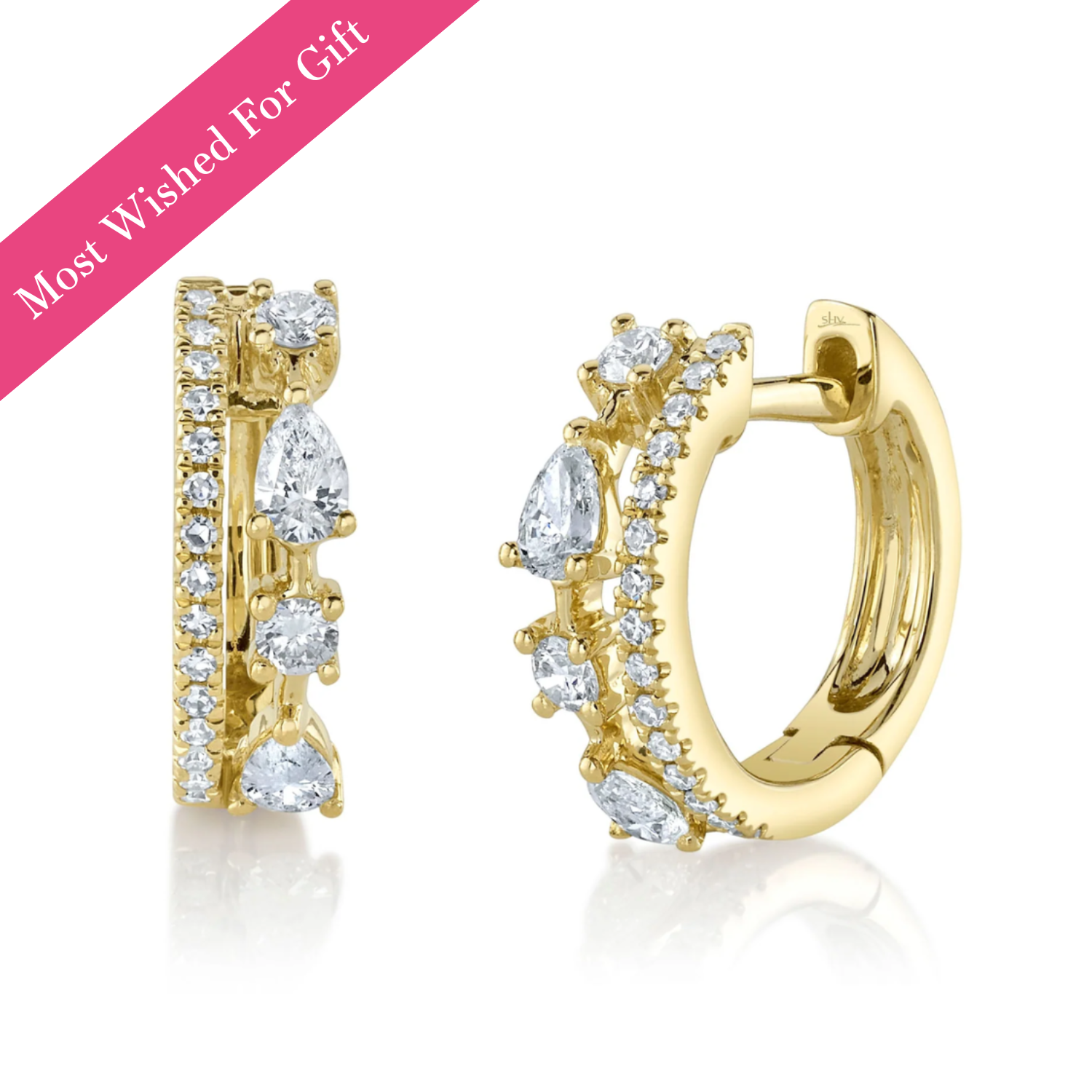 Two Row Diamond Huggie Hoop Earrings with Pear Shape Accents, 0.43 CTTW