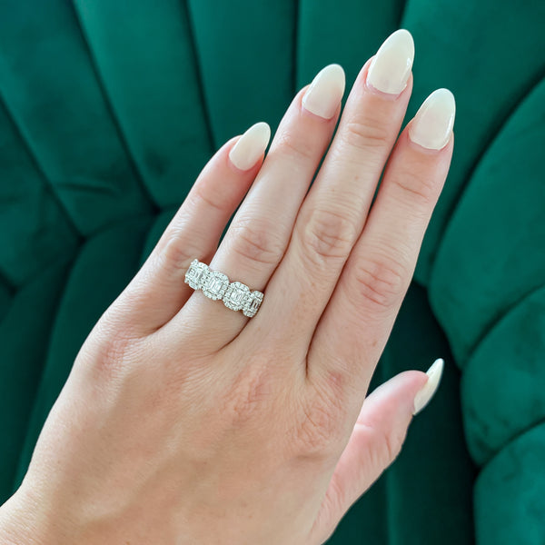 Previously Loved Emerald Cut Diamond Halo Anniversary Half Eternity Band