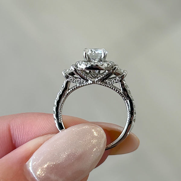 Previously Loved Round Moissanite with Diamond Halo Engagement Ring (Sold As Is)