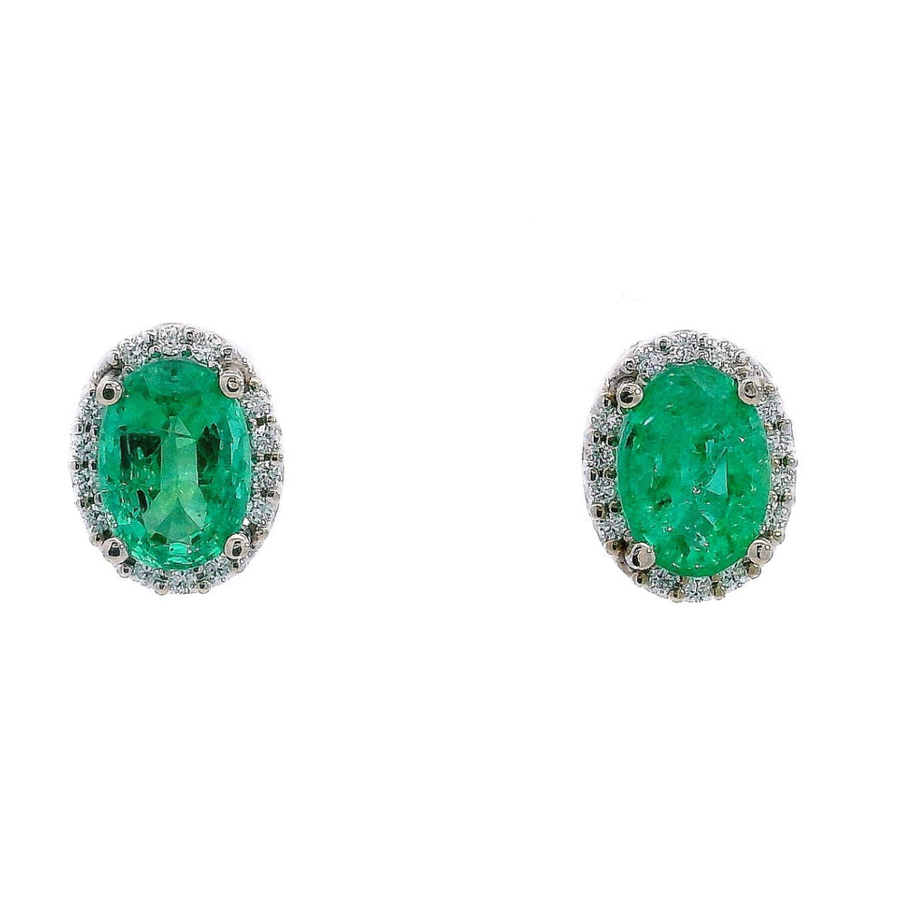 Oval Emerald and Diamond Halo Stud Earrings, 1.76 CTTW - Carter's Collective Fine Jewelry