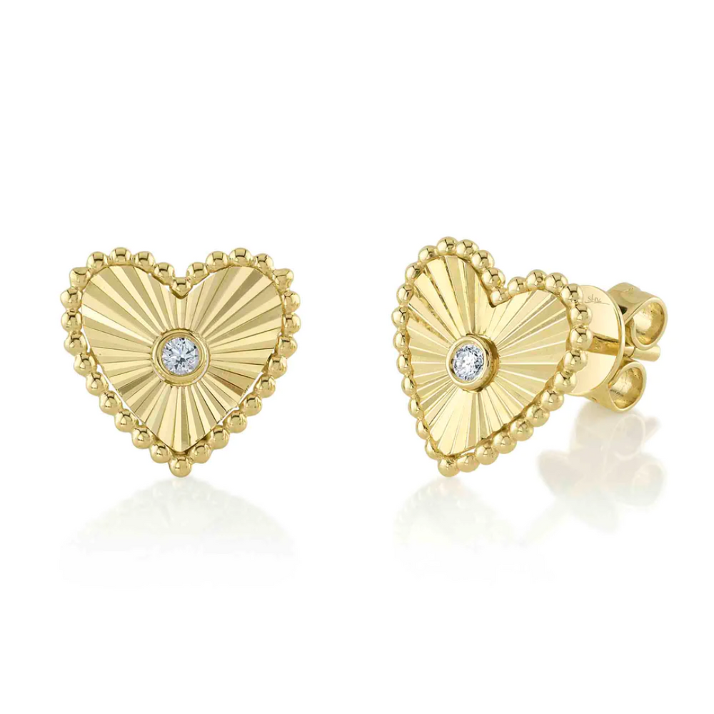 Fluted Heart with Bezel Diamond Accent Stud Earrings