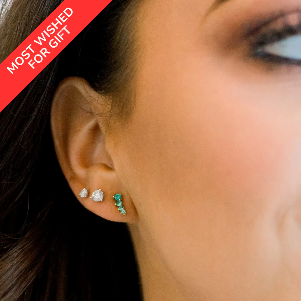 Petite Graduated Emerald Gemstone Climber Stud Earrings (Pair)