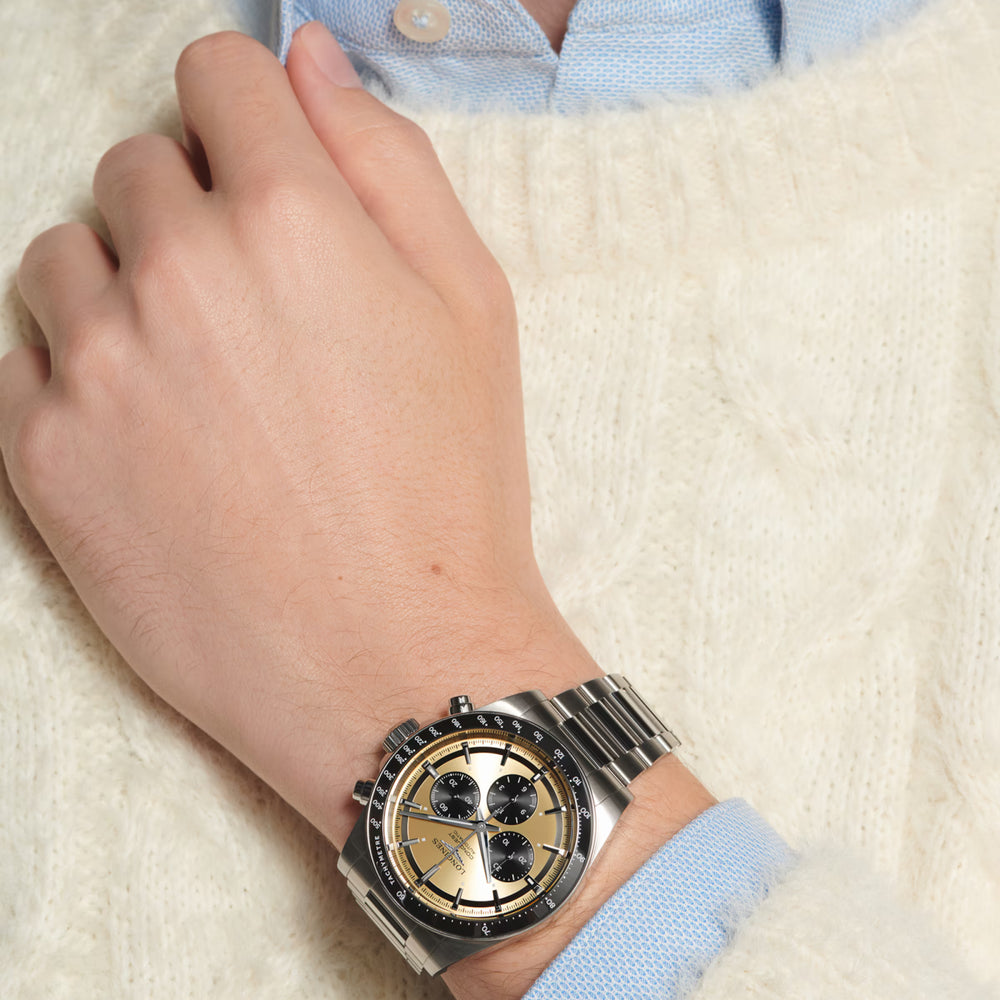 Longines "Conquest Chronograph" Watch with Black Ceramic Bezel & Yellow Dial, 42mm - Carter's Collective Fine Jewelry