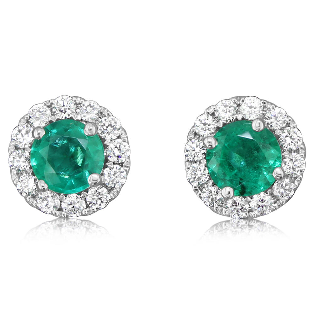 14K White Gold Emerald Earrings with Diamond Accents