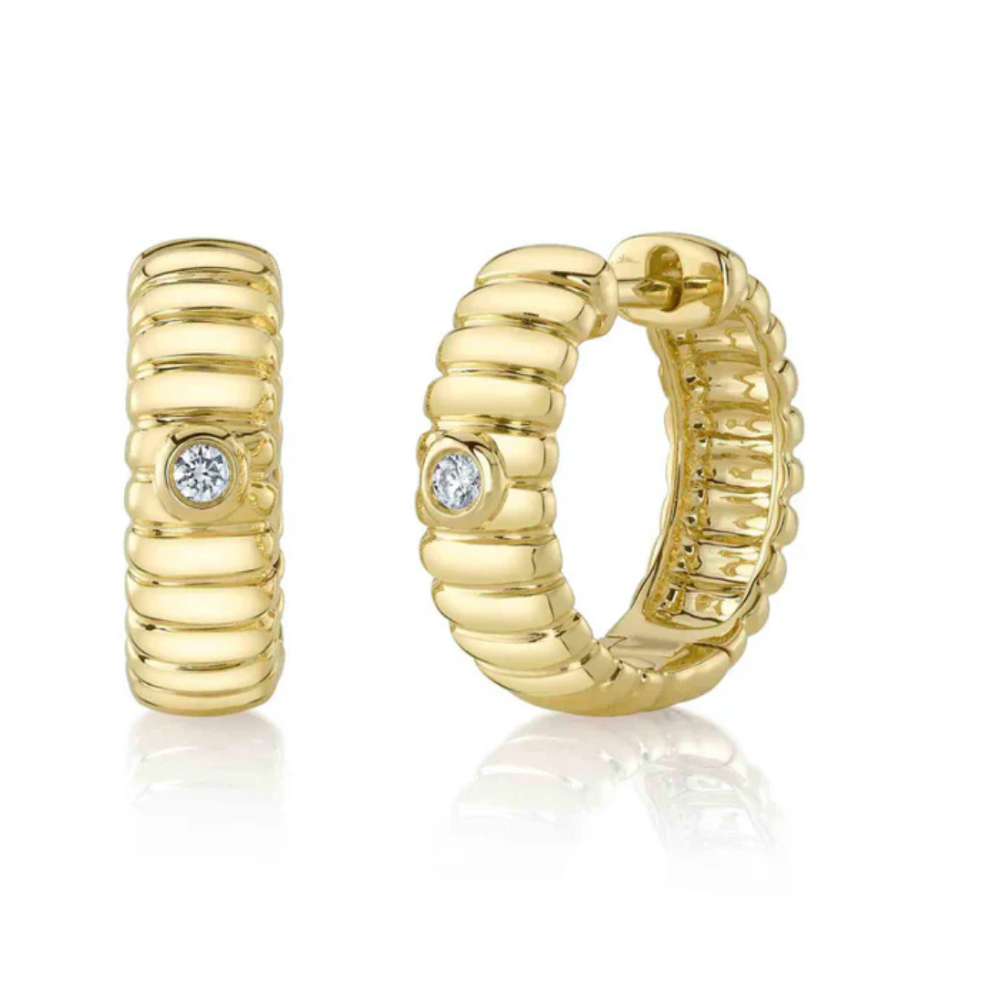 Bezel Diamond Fluted Huggie Hoop Earrings