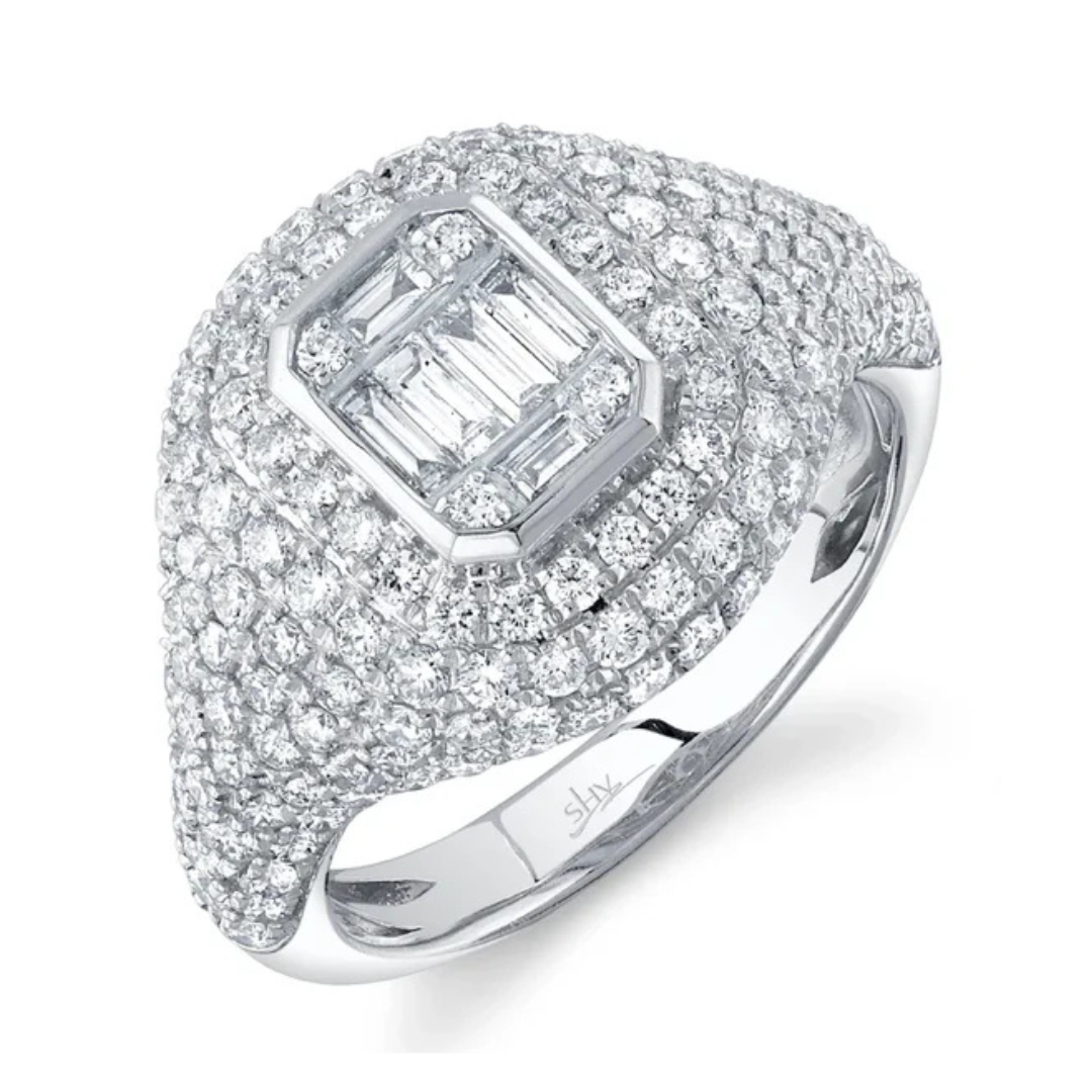 Pave Diamond Baguette Signet Ring, 1.85cttw