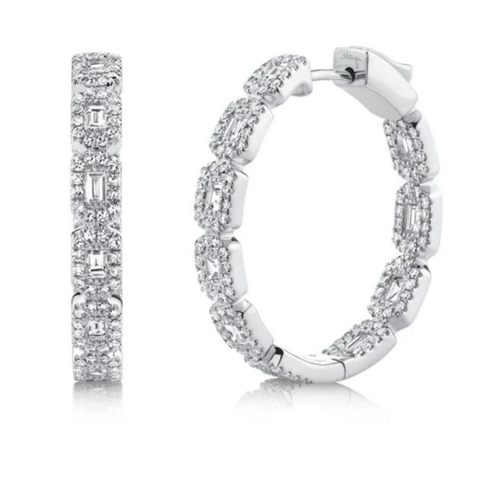 1.35ct  Baguette Diamond Halo Hoop Earrings