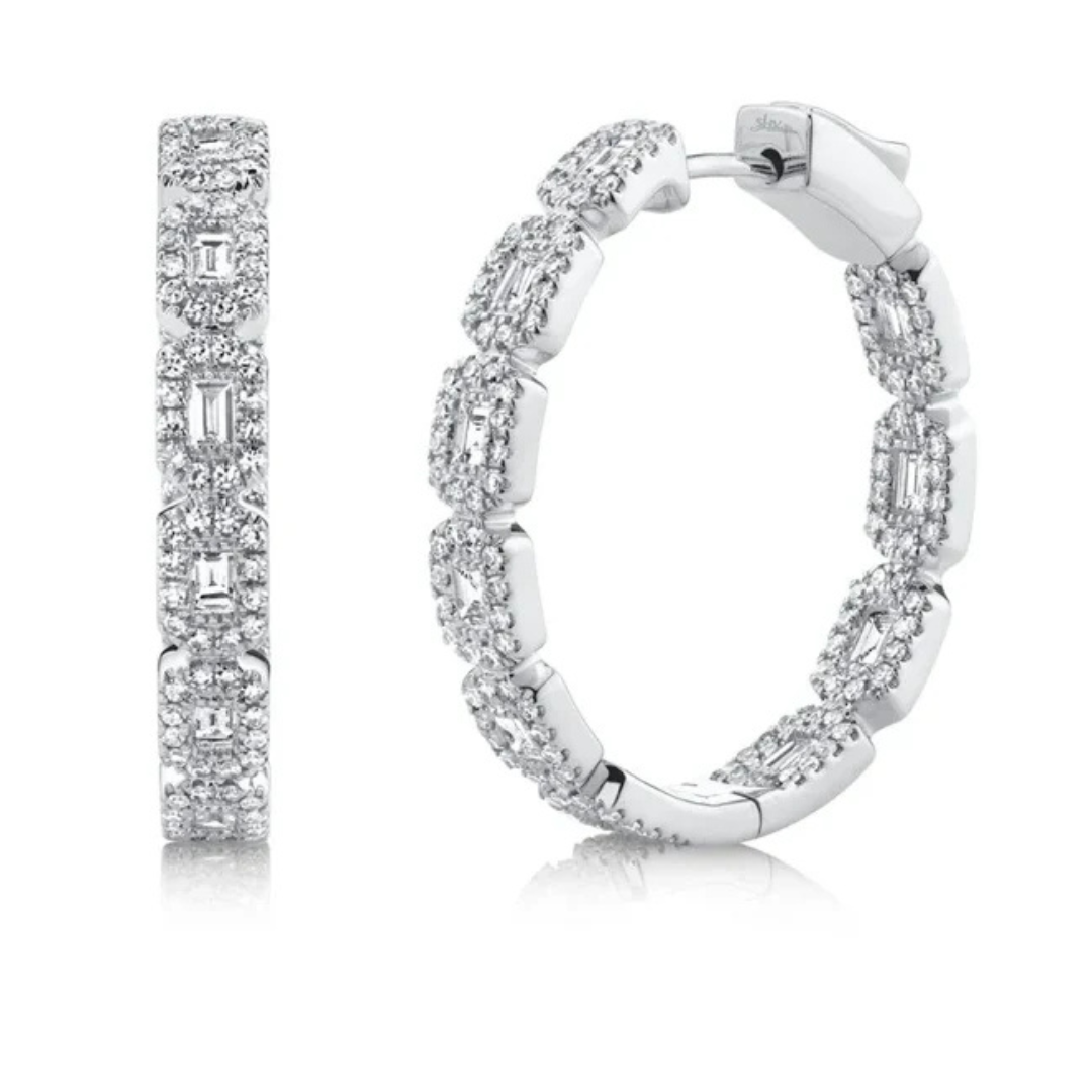 1.35ct  Baguette Diamond Halo Hoop Earrings