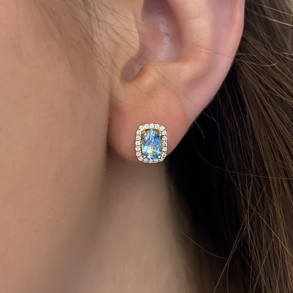Aquamarine Diamond Halo Stud Earrings (Pair)