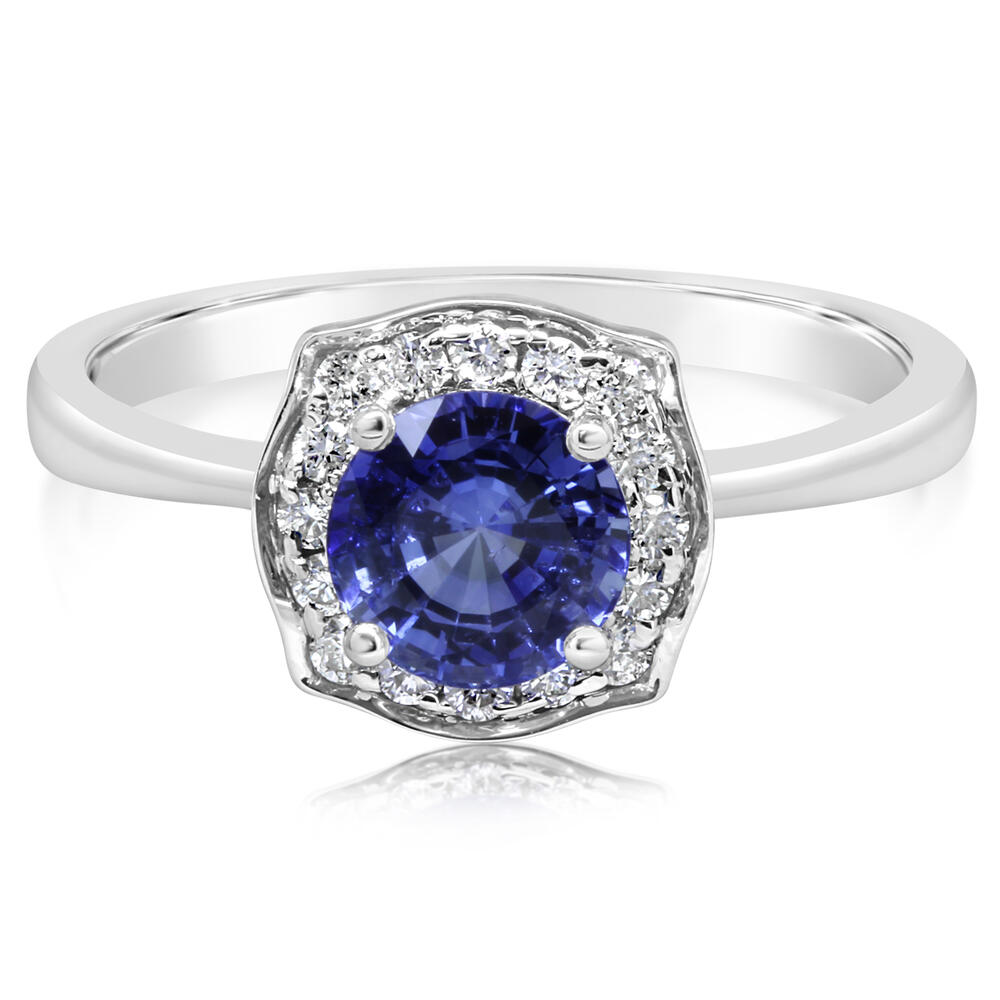 14K White Gold Blue Sapphire Fashion Ring with Diamond Accents