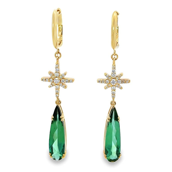 Pear Shape Green Tourmaline and Diamond Starburst Dangle Earrings
