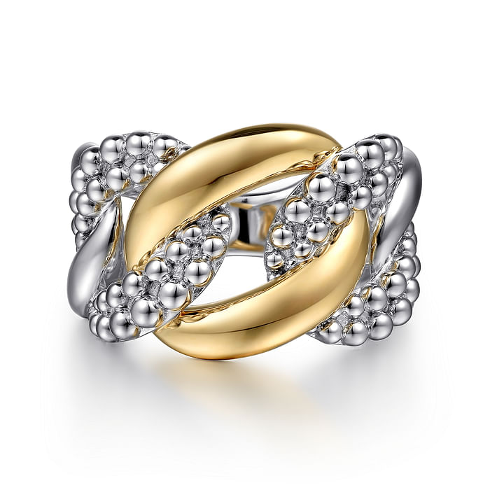 Sterling Silver and 14 Karat Yellow Gold Beaded Bujukan Chain Link Tow-Tone Ring - Last Chance - Carter's Collective Fine Jewelry