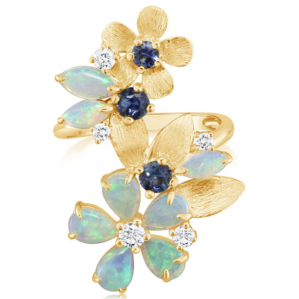 Australian Opal, Montana Sapphire & Diamond Flower Wrap Ring