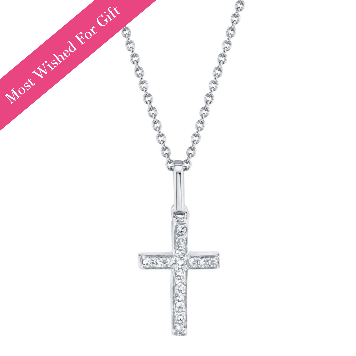 Petite Diamond Cross Necklace, White Gold
