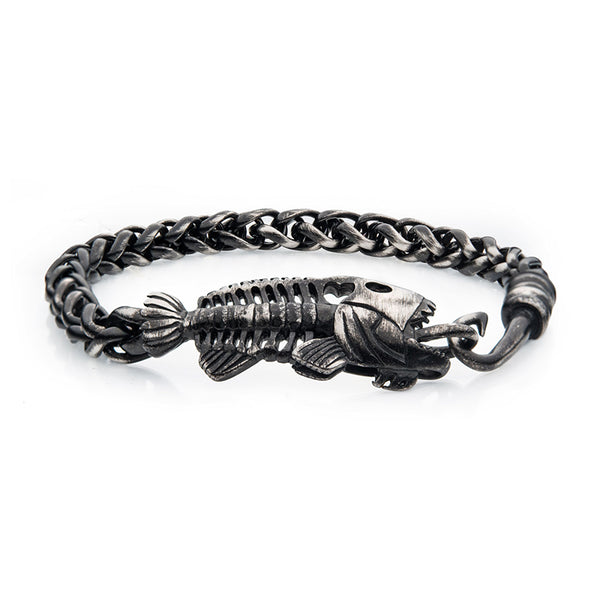 Men's Stainless Steel Gun Metal Plated Wheat Chain with Fishbone on Hook Clasp Bracelet