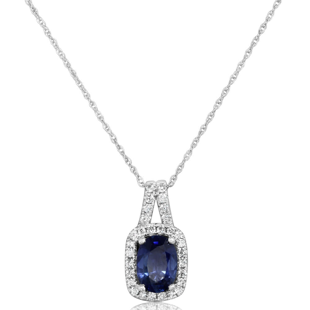 14K White Gold Blue Sapphire Pendant with Diamond Accents