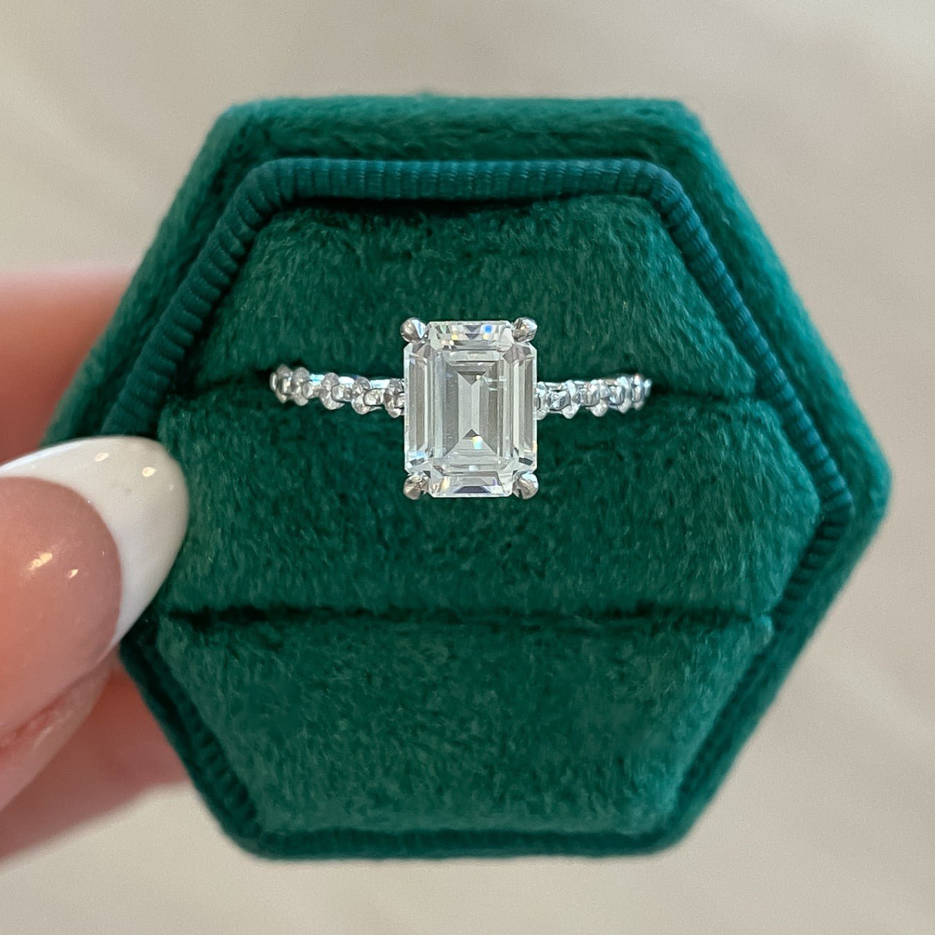 Aster Shared Prong Emerald Cut Moissanite Engagement Ring