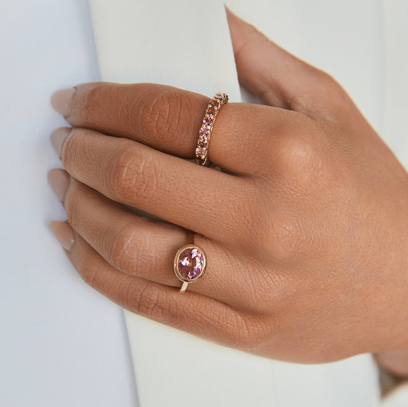 East to West Oval Pink Tourmaline Bezel Set Ring