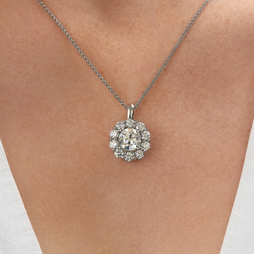 Lab Grown Old European Cut Diamond Scalloped Halo Necklace - Carter's Collective Fine Jewelry