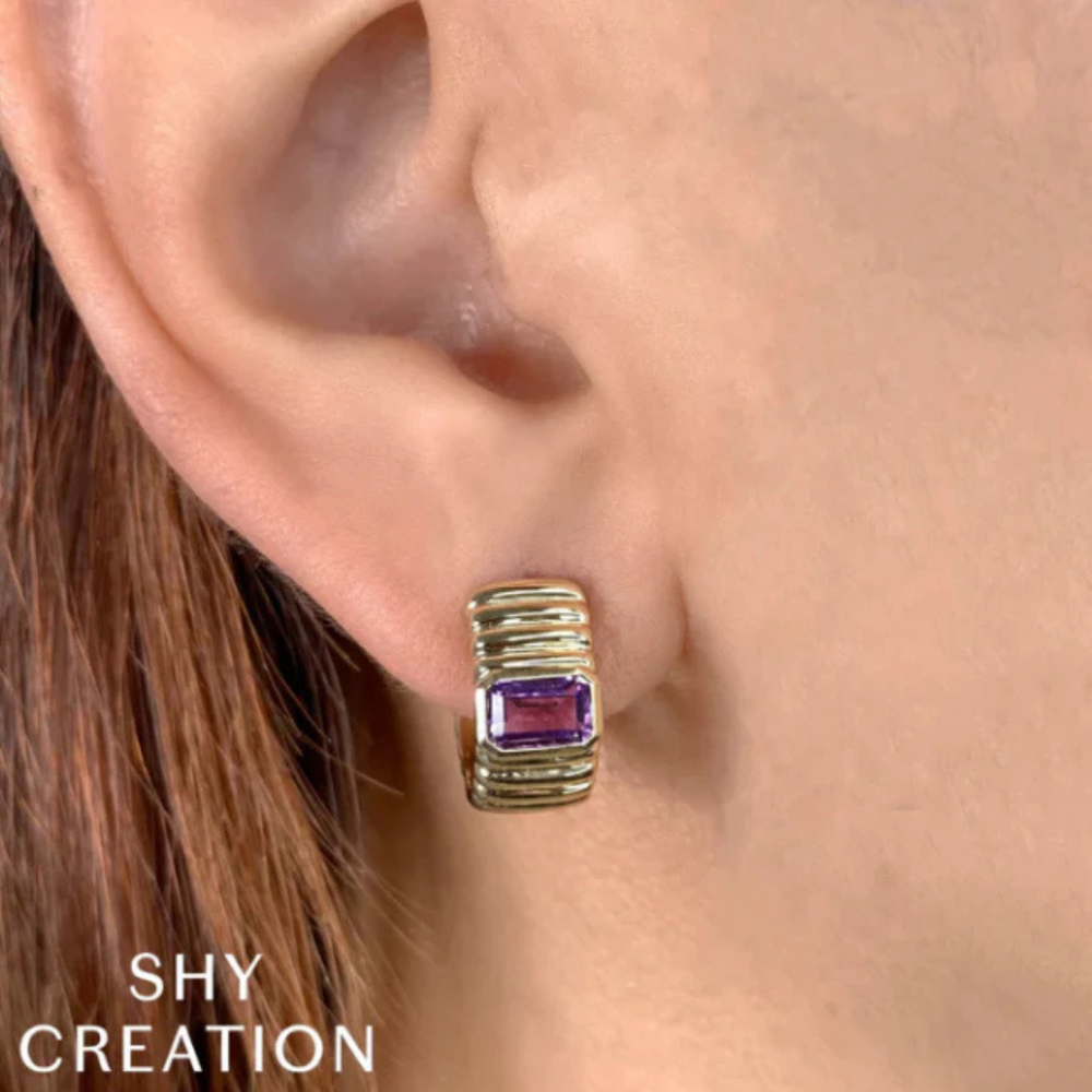 Amethyst Fluted Huggie Hoop Earrings