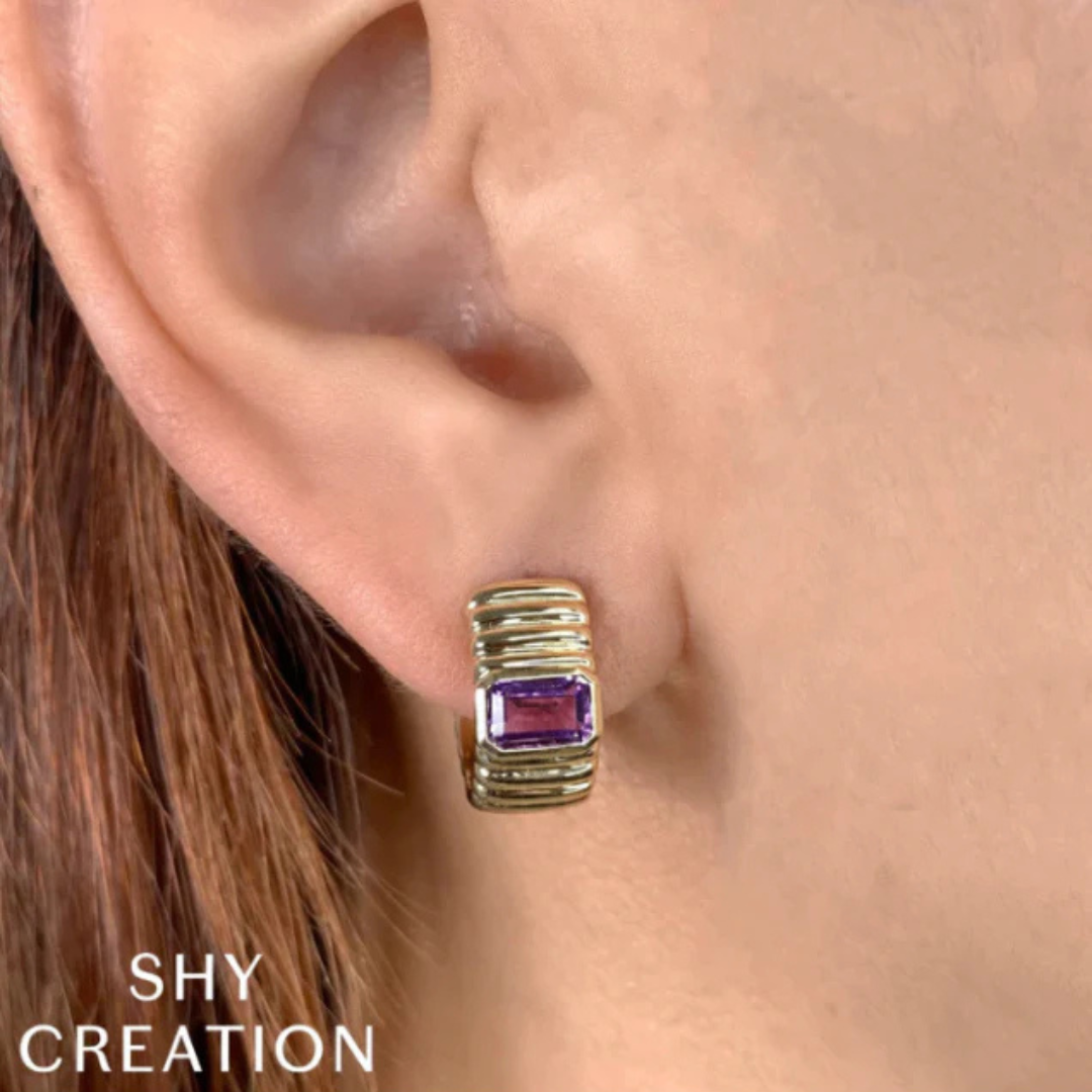 Amethyst Fluted Huggie Hoop Earrings