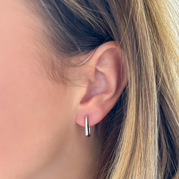 Sterling Silver Elongated Link Puff Huggie Hoop Earrings (Pair)