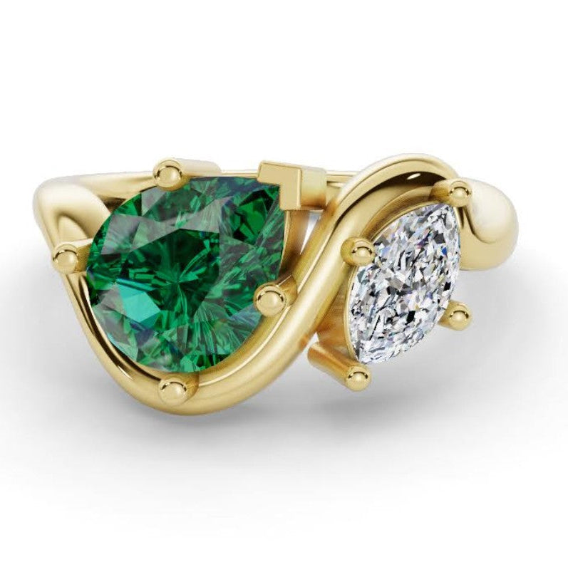 Pear Cut Emerald Gemstone and Marquise Cut Natural Diamond Contour Two Stone Ring, 1.94 CTTW - Carter's Collective Fine Jewelry