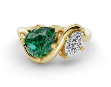 Miramar Ring - 14ky - 1.94cttw - 1.46ct Pear Shape Emerald - 0.46ct Marquise Diamond - Natural - Contour Two Stone Ring