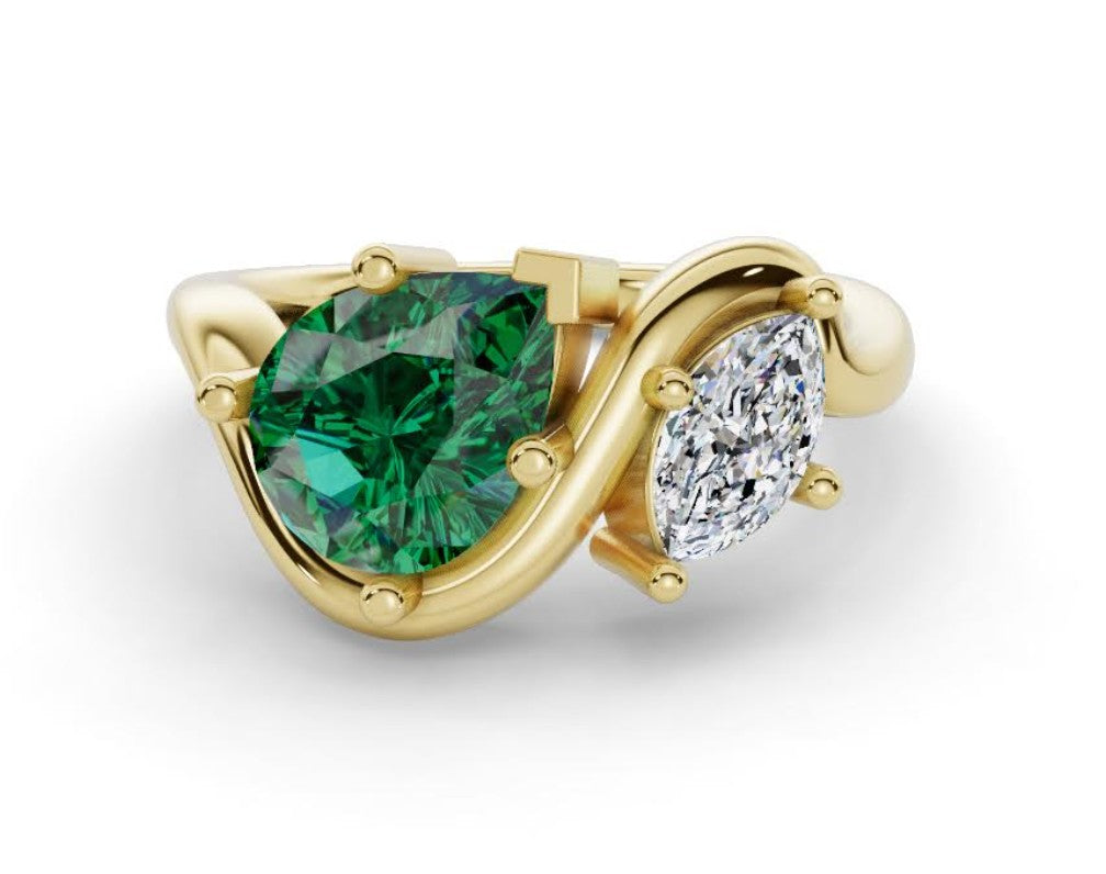 Miramar Ring - 14ky - 1.94cttw - 1.46ct Pear Shape Emerald - 0.46ct Marquise Diamond - Natural - Contour Two Stone Ring