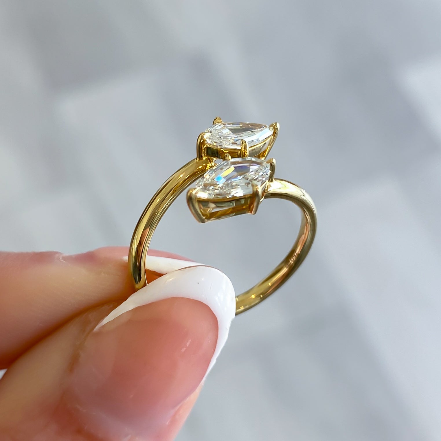 Two Stone Natural Step Cut Pear Shape Diamond Bypass Ring, 1.07 CTTW - Carter's Collective Fine Jewelry