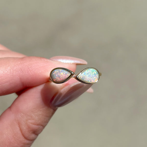 Pear Shape Australian Opal Open Two Stone Ring