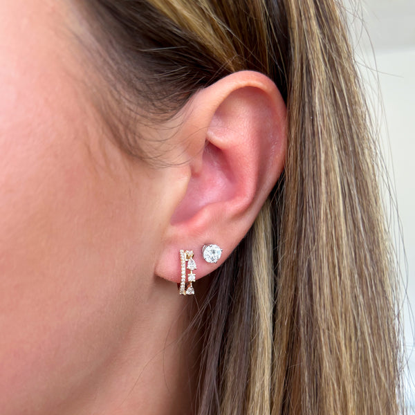 Two Row Diamond Huggie Hoop Earrings with Pear Shape Accents