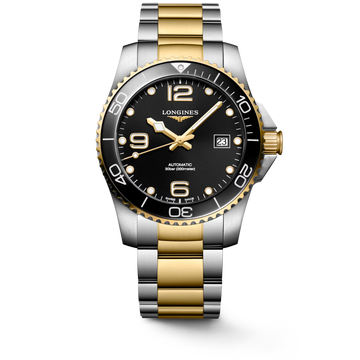 Longines "Hydroconquest" Watch - Stainless Steel with Yellow PVD & Black Polished Dial, 41mm - Carter's Collective Fine Jewelry