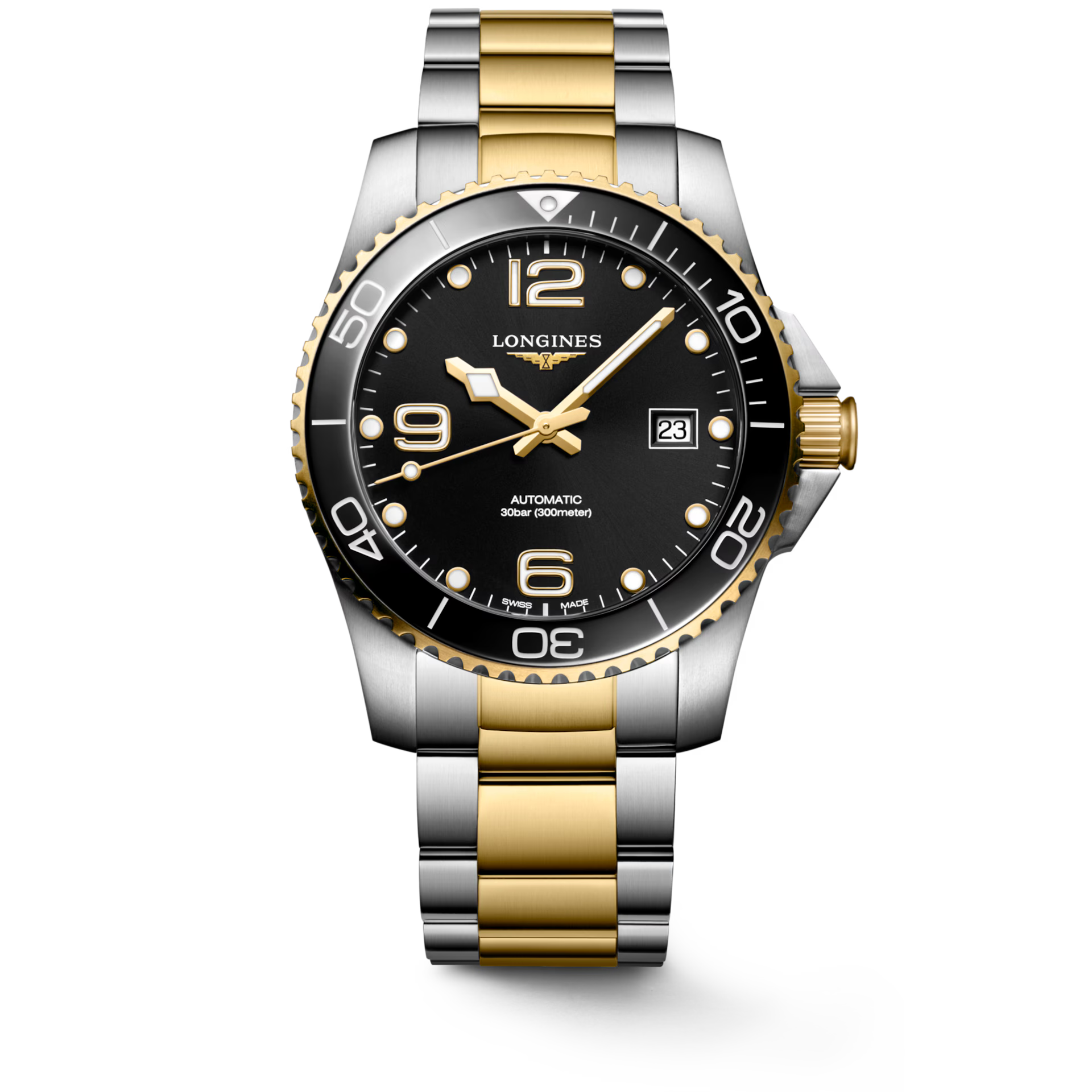 Longines "Hydroconquest" Watch - Stainless Steel with Yellow PVD & Black Polished Dial, 41mm - Carter's Collective Fine Jewelry