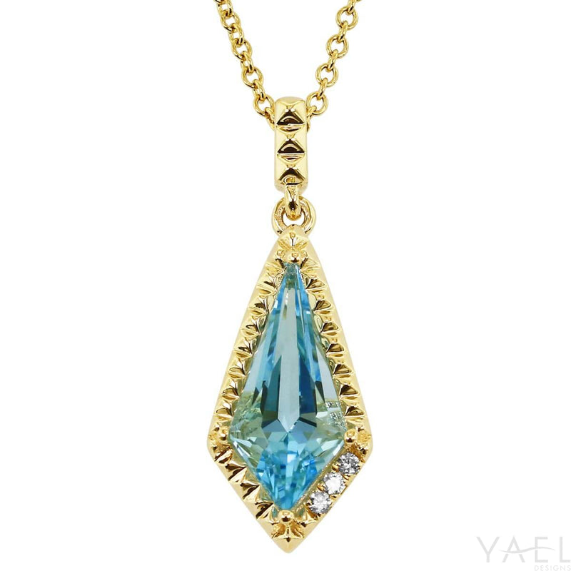Swiss Blue Topaz Pendant with Pyramid Texture and Diamond Accents on Adjustable Bead Chain