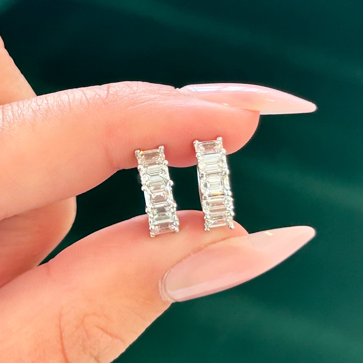 Natural Emerald Cut Diamond Huggie Hoop Earrings