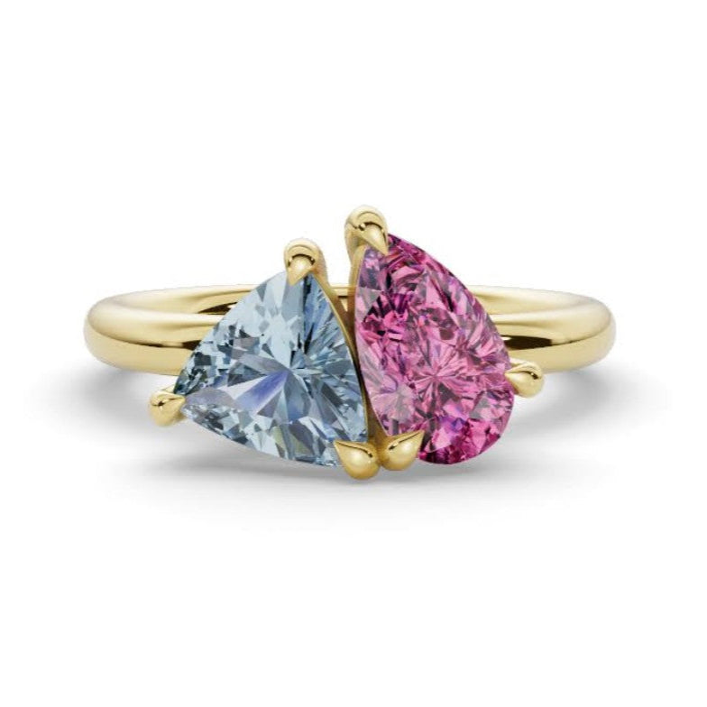 Pear Cut Pink Sapphire and Trillion Cut Aquamarine Two Stone Ring, 1.78 CTTW - Carter's Collective Fine Jewelry