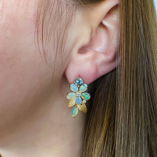 Australian Opal, Montana Sapphire & Diamond Flower Earrings